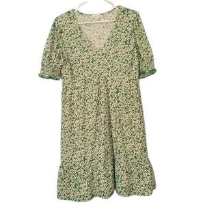Luxology Floral Dress Womens Large Green White Boho Sundress Smocked Puff Sleeve